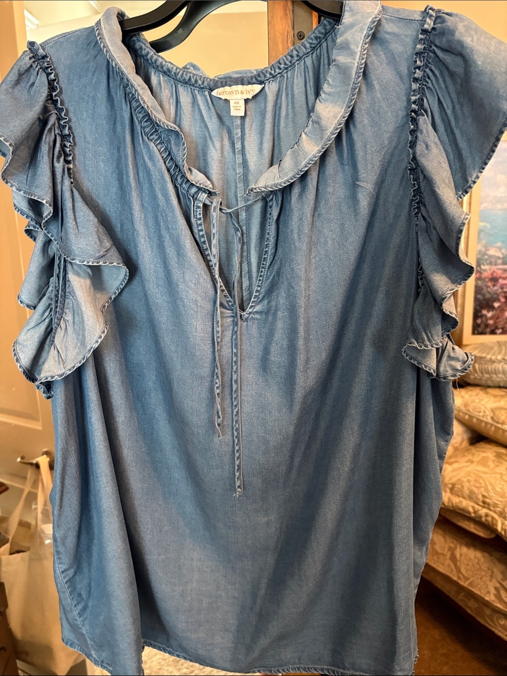 crown & ivy Light Blue Ruffle Sleeve Peasant Top